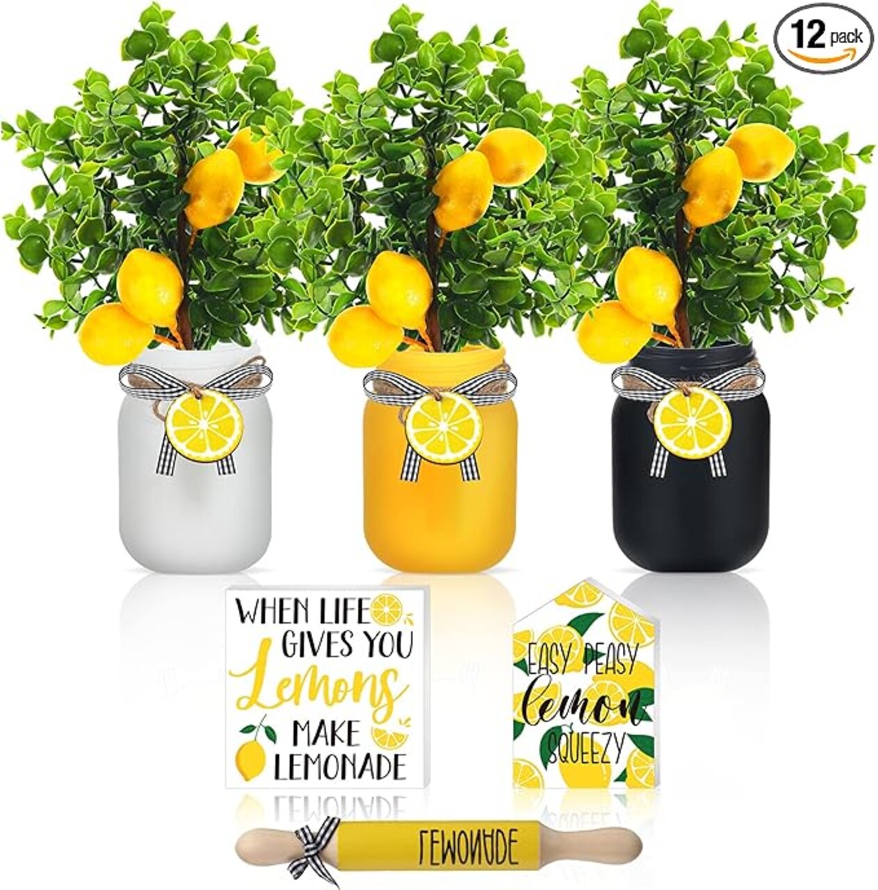 12-Piece Lemon Mason Jar Decor Set – Summer Farmhouse Table & Tiered Tray Centerpieces